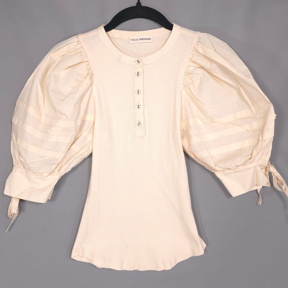 ULLA JOHNSON Iman Top Size P Cream Cotton Poplin Rib Knit Short‎ Puff Sleeves XS - Picture 3 of 16